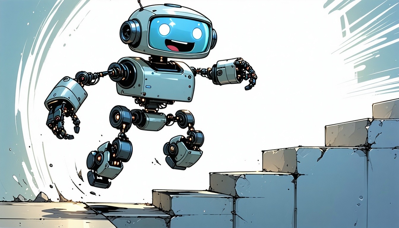 A robot jumping up steps.
