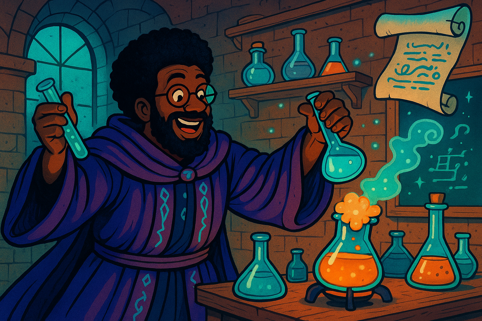 Professor Synapse making potions in his lab.
