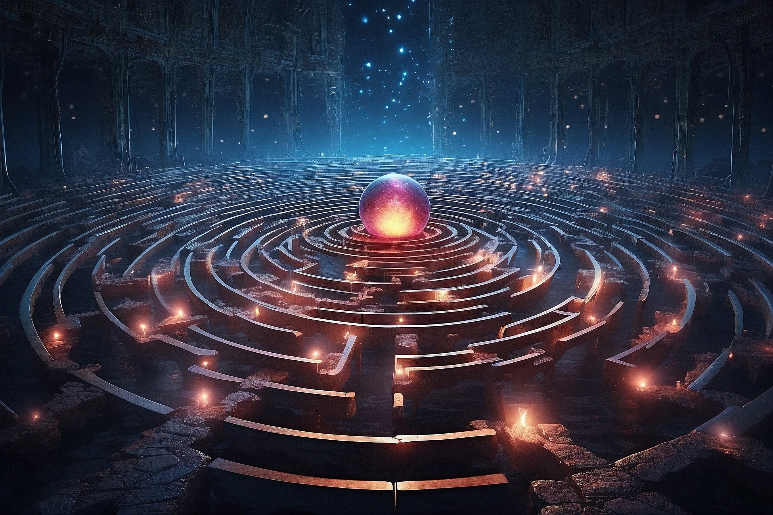 Imagine a vast, ethereal labyrinth suspended in a twilight realm, a metaphorical representation of a Markov Decision Process (MDP). Each junction within this maze is a glowing orb, symbolizing the 'States' where decisions are made. The orbs are connected by a multitude of shimmering pathways, each path representing 'Actions' that can be taken, branching out into the unknown.