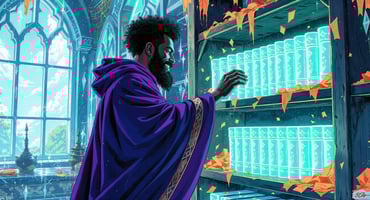 Professor Synapse cleaning code dust from magical bookshelves