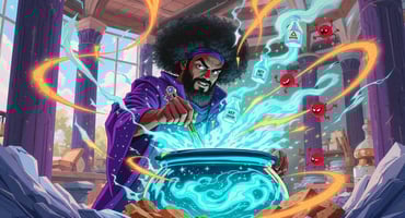 Professor Synapse working a potion over a cauldron