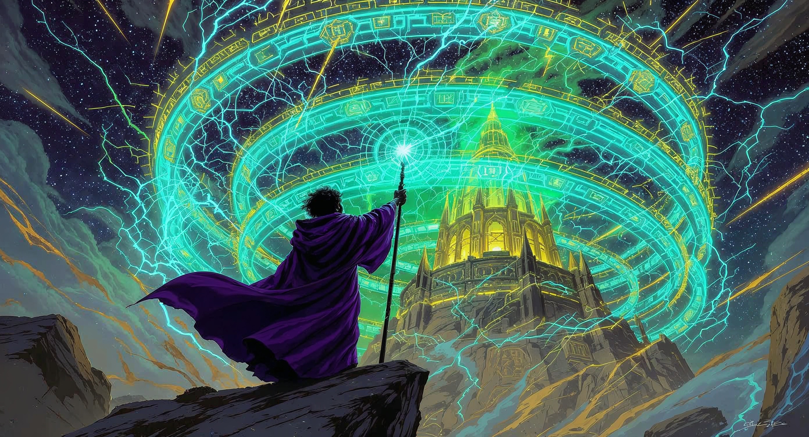 Professor Synapse encasing his castle in magical defenses