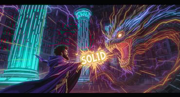 Professor Synapse battling a code dragon with SOLID principles