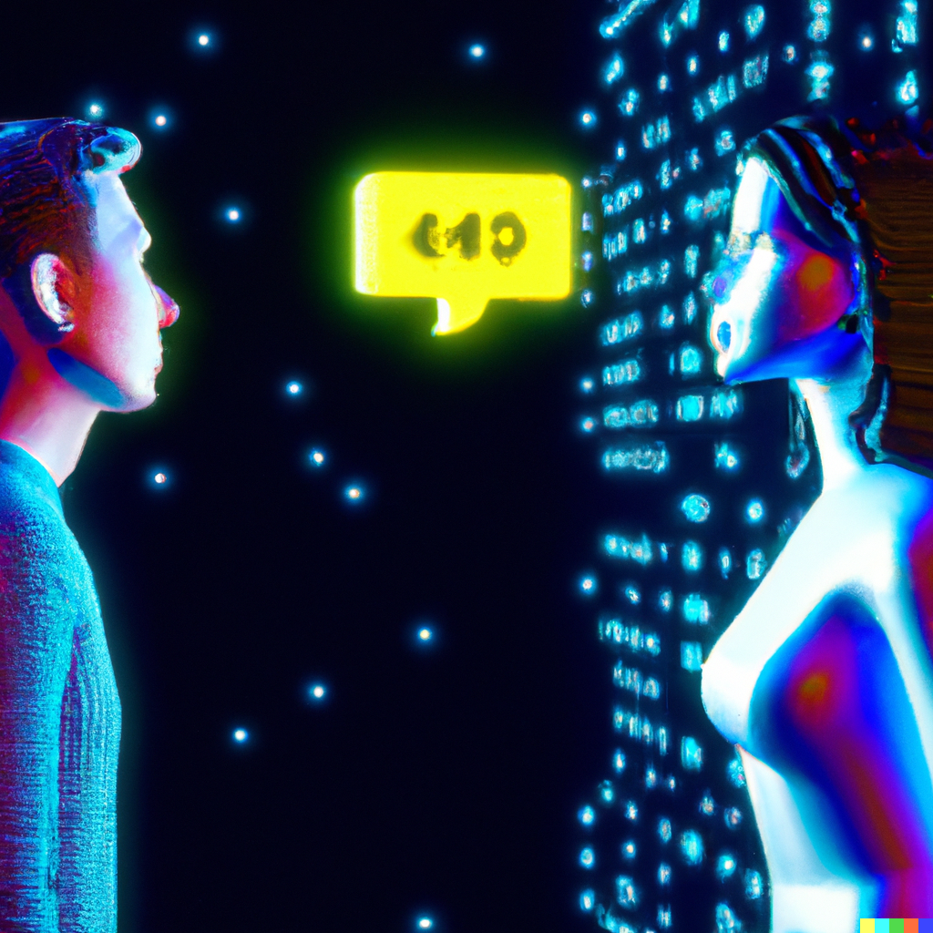 A human and AI talking to each other in a virtual space.