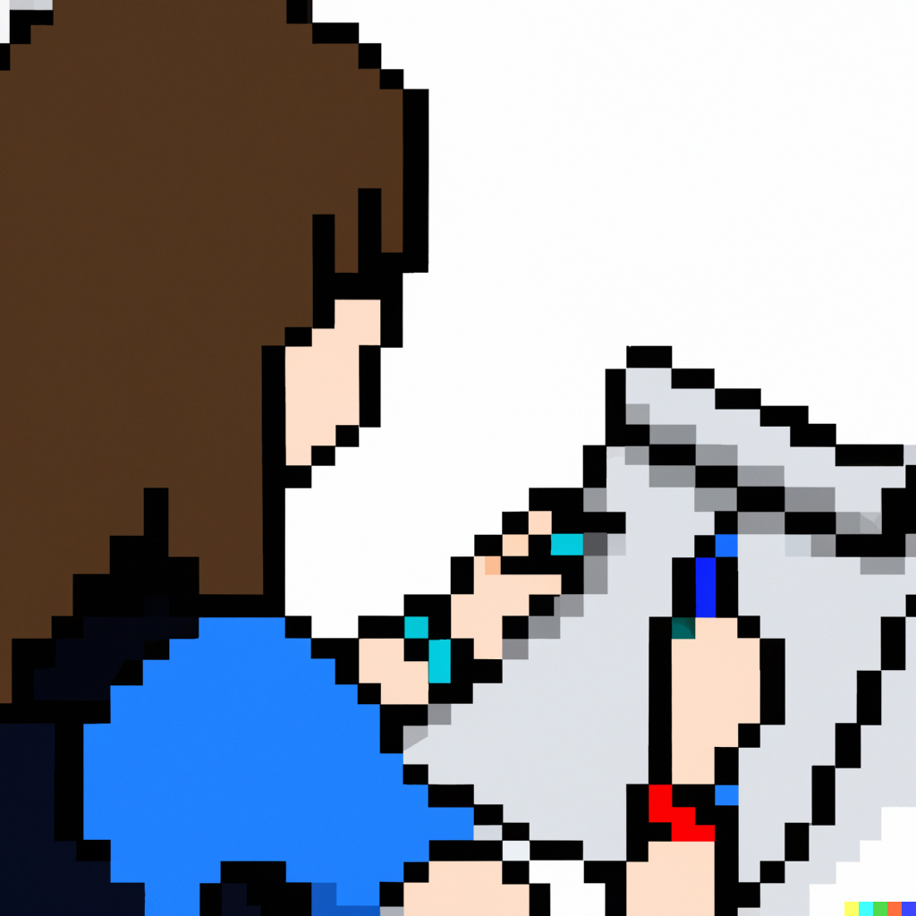 a pixel image of a woman writing a script