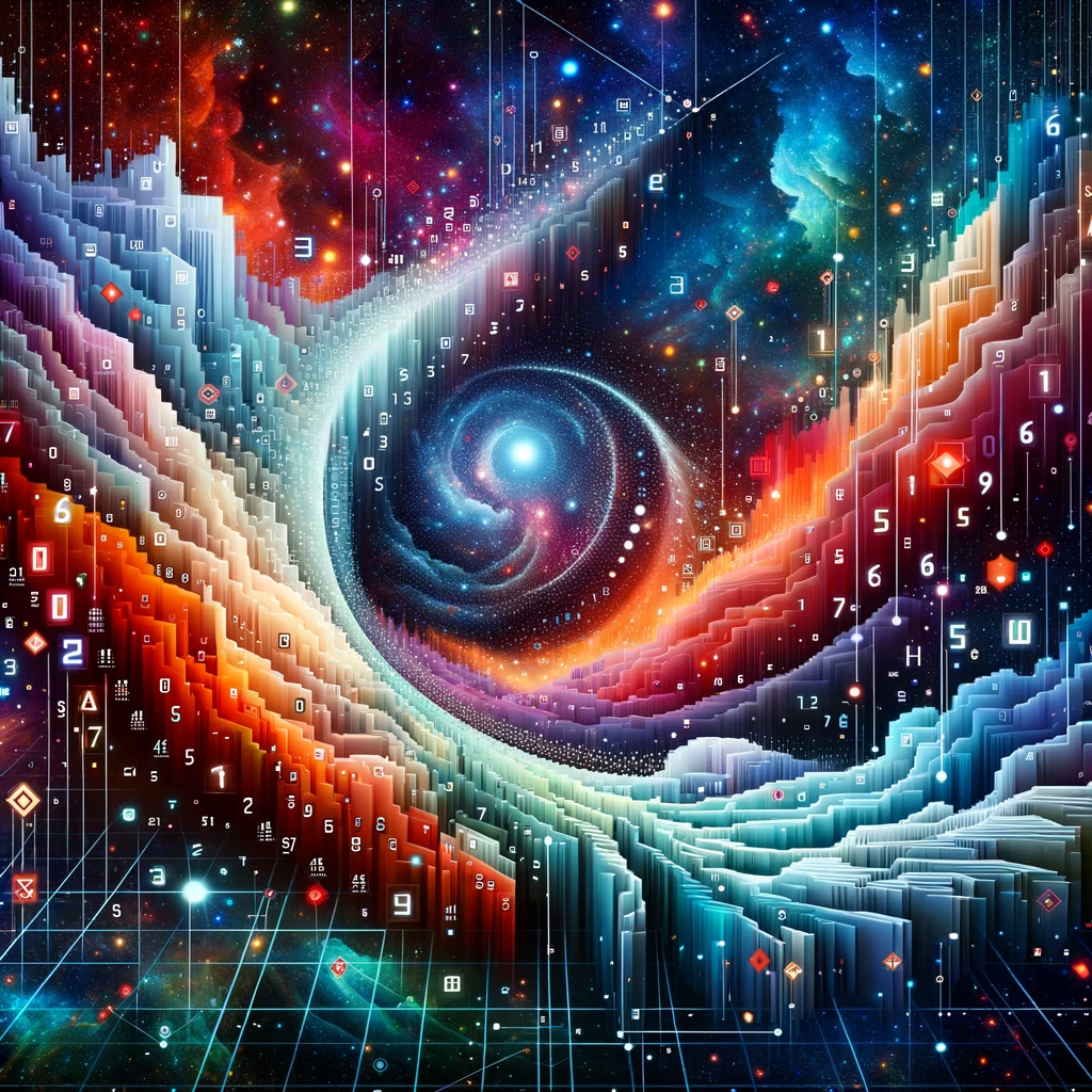 Illustration that visualizes the Naive Bayes Classifier as an evolving cloud of numbers and symbols that become structured over a cosmic backdrop. The art draws inspiration from Futurism, using geometric patterns and a color palette influenced by Sci-fi Concept Art. The final render emphasizes depth and vibrant contrasts.