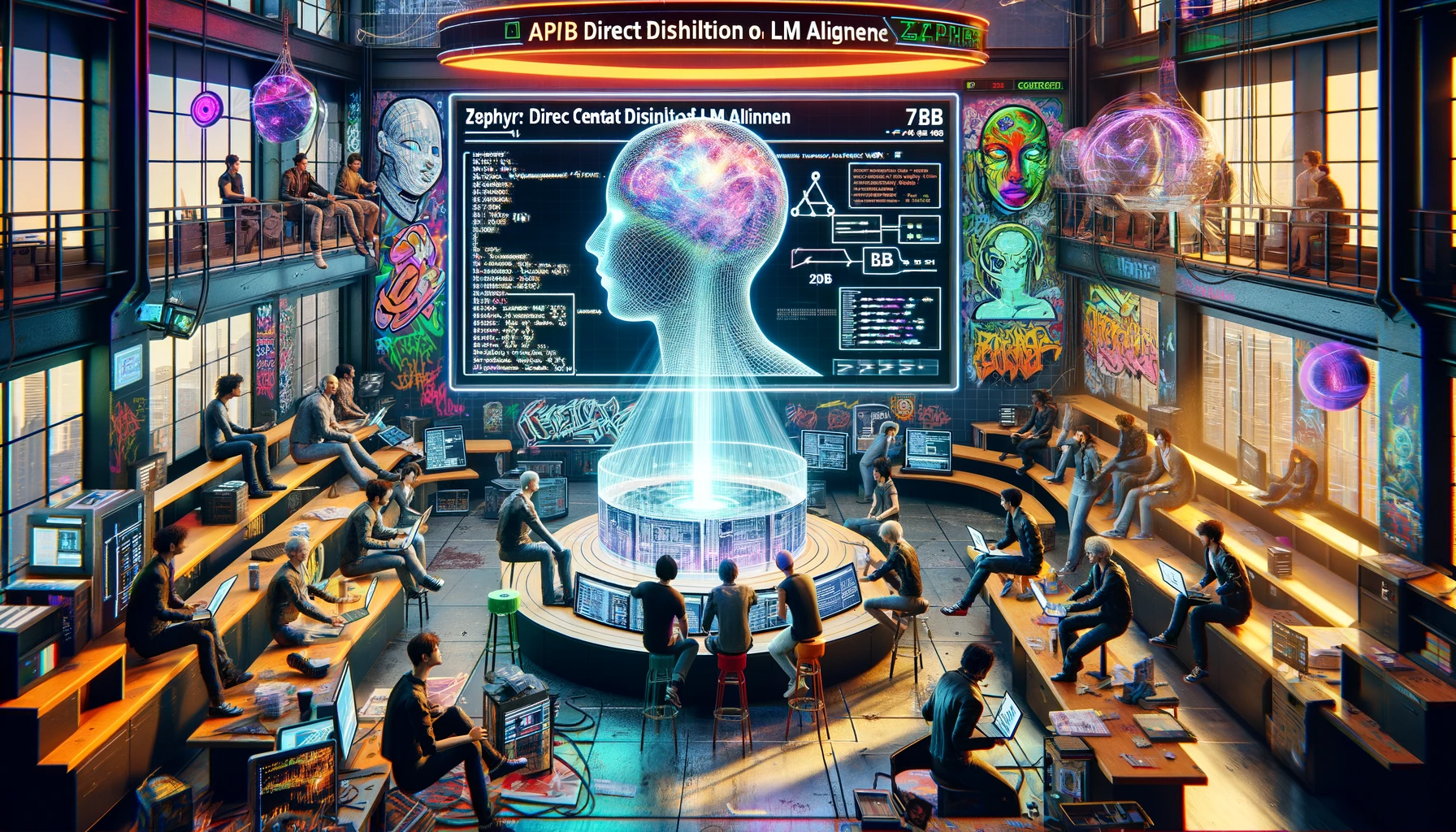 Imagine a high-tech AI lab, buzzing with energy. The lab is filled with researchers (both human and AI) engaged in lively discussions. In the center, there's a large holographic display showing the ZEPHYR-7B model, surrounded by smaller screens displaying various data visualizations and code snippets. The room has a punk aesthetic, with graffiti art symbolizing key concepts from the paper.
