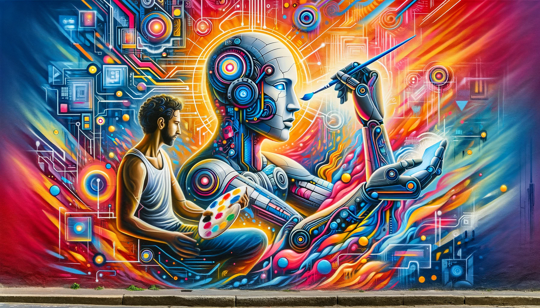 A vibrant street-art style mural depicting a human and an AI (represented as a humanoid robot) working together on a large canvas. The AI is holding a paintbrush, and the human is adjusting a control panel, symbolizing the synergy in Human-GenAI interaction. The background is a colorful blend of tech-inspired elements and urban graffiti.