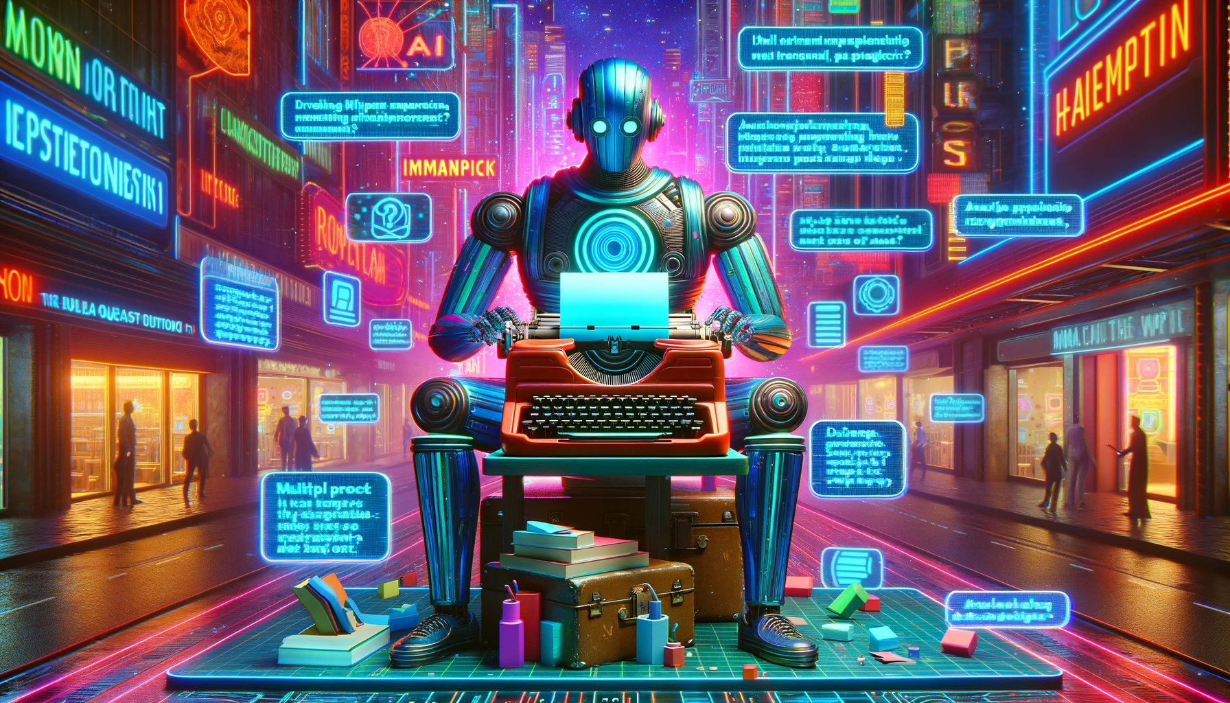 A vibrant digital artwork depicting a large, futuristic robot sitting at a vintage typewriter, surrounded by floating holographic screens displaying various question prompts. The robot is thoughtfully typing away, symbolizing the process of creating multiple imperfect prompts as described in the AMA method. The background is a bustling, neon-lit cyberpunk cityscape, representing the dynamic world of AI and technology.
