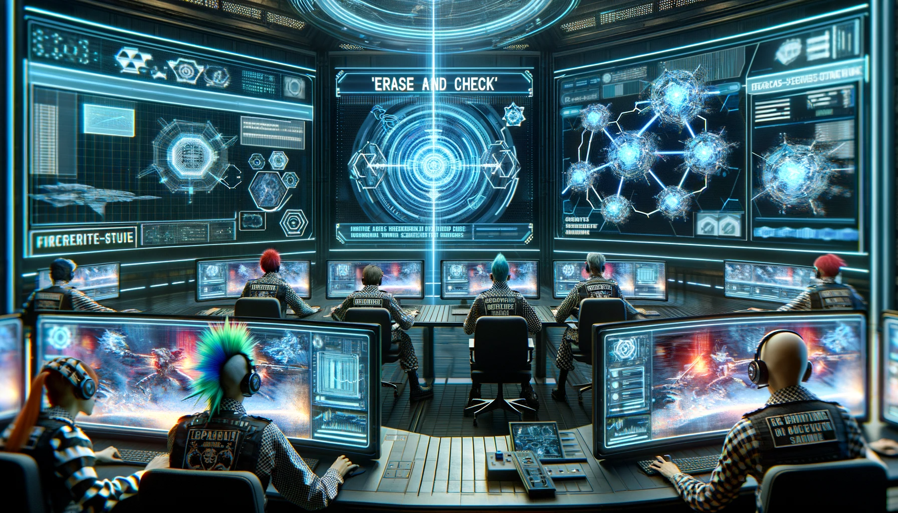 A high-tech, futuristic security room filled with advanced monitors and interfaces. Operators, dressed in punk-inspired uniforms, are intently monitoring screens showing real-time battles between AI systems and adversarial attacks. The central screen highlights the 
