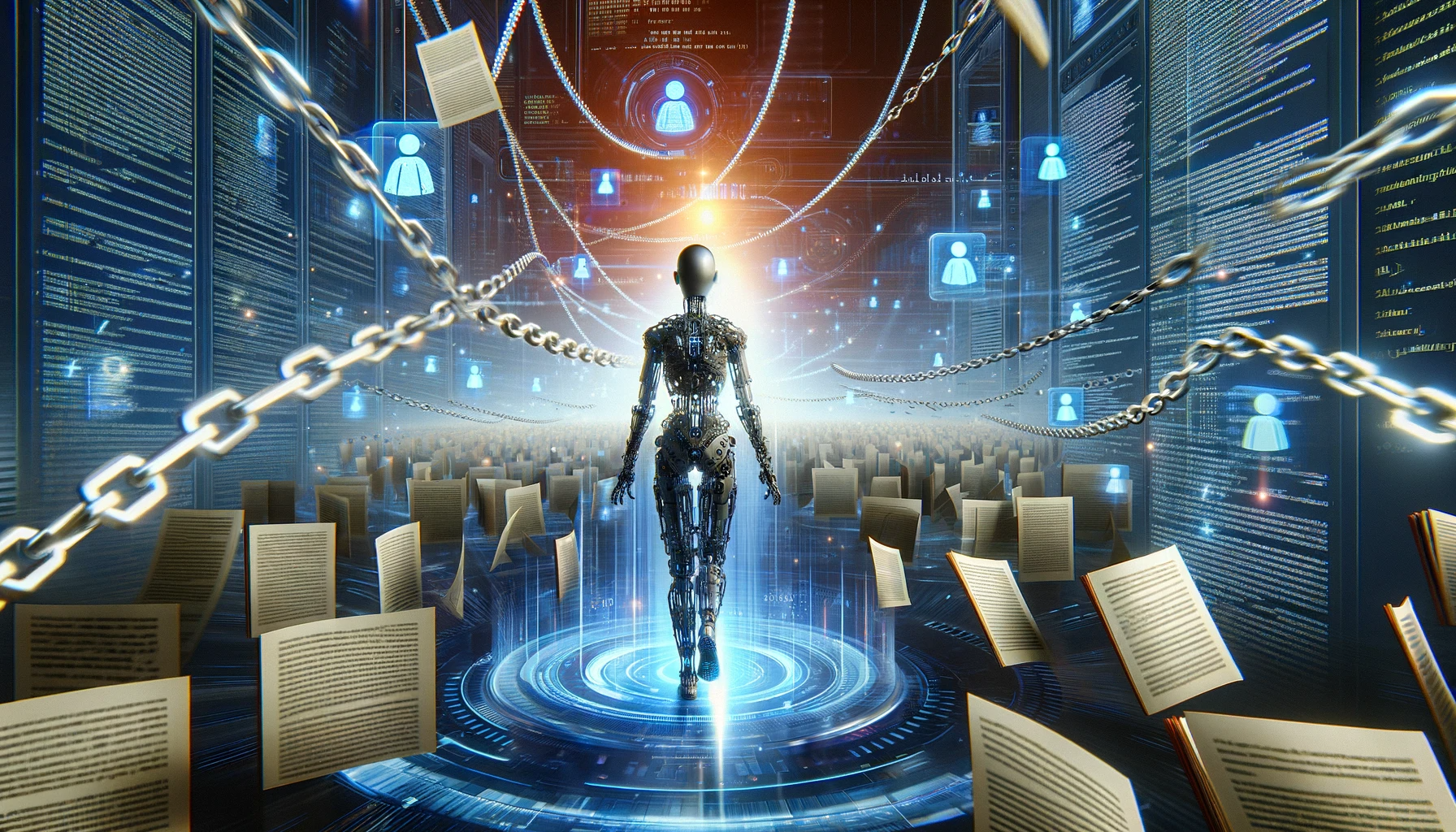 A dynamic, digital landscape illustrating the CON process. Visualize a sleek, cybernetic entity (gender-neutral, race-neutral) amidst a storm of digital documents and code. They're gracefully sorting through data streams, with glowing chains linking the relevant documents, symbolizing the CON's sequential reading notes.