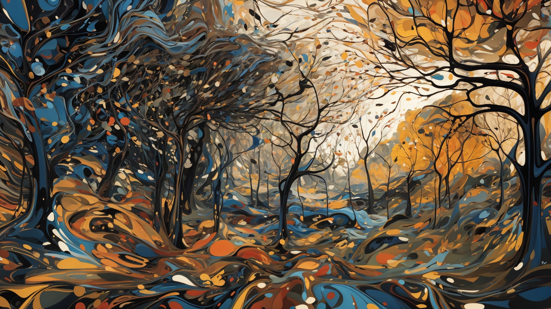 abstract painting of trees and a river