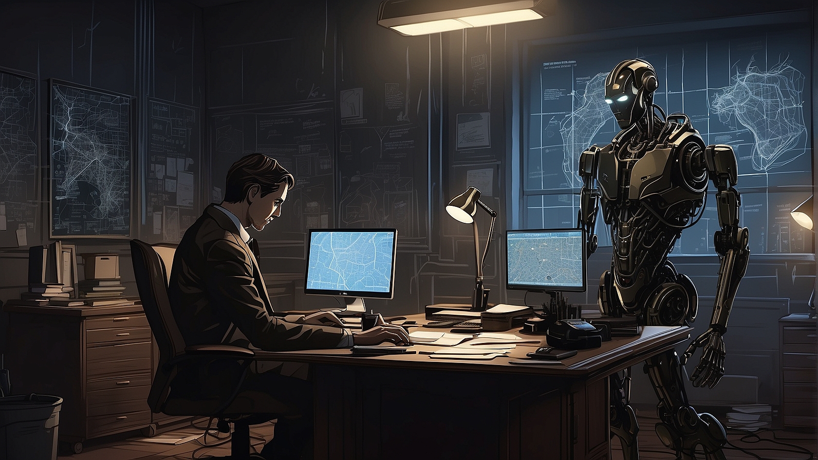 Imagine a dark, noir-themed detective's office with an AI detective (think a blend of Sherlock Holmes and a high-tech robot) analyzing screens displaying code, locks, and digital maps, unraveling the mysteries of prompt injection vulnerabilities in GPTs.