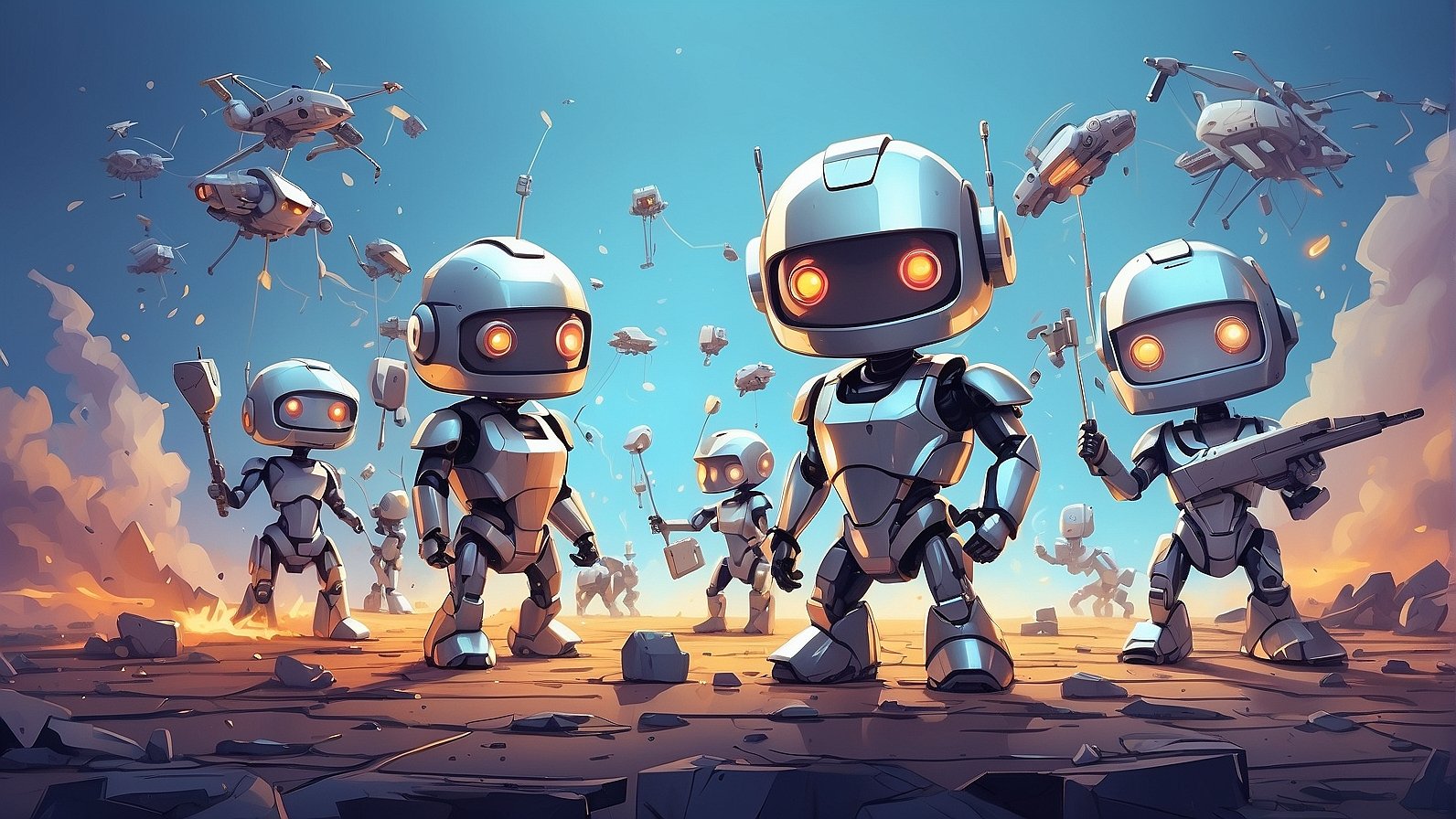 Picture a stylized battlefield within a social media app interface. AI agents, depicted as small robots or digital avatars, are actively countering hate speech missiles with shields of factual information and positive messages.