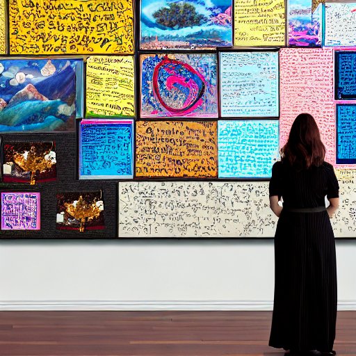 A woman looking at indecipherable art on the wall.