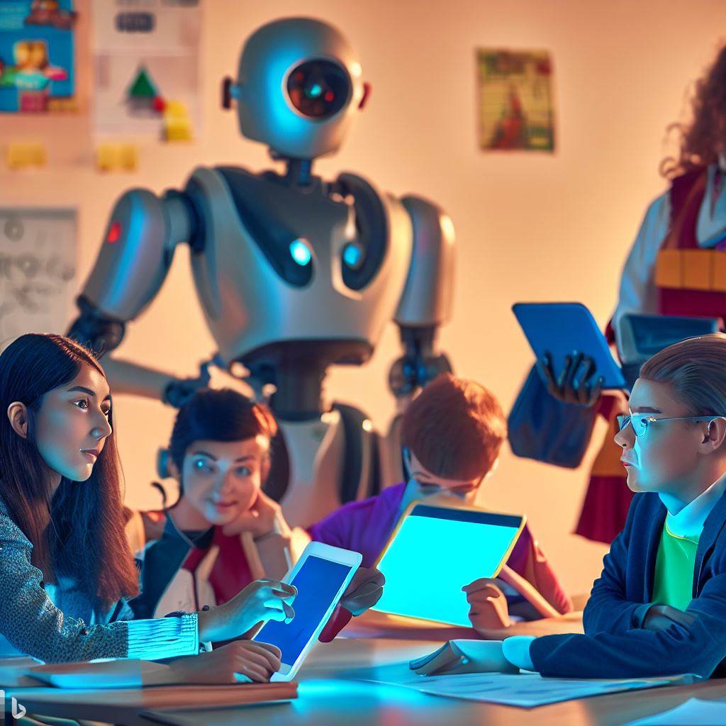 robot and teacher helping students learn